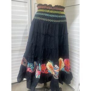 Boston Proper Black Tier Boho Maxi Skirt Small Sequin Bead Embroidery Festival